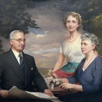 Formal portrait painting of Harry Truman, his wife Bess, and daughter Mary Margaret