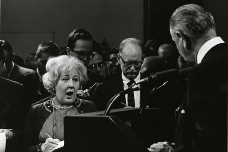 Sarah McClendon and President Lyndon B. Johnson