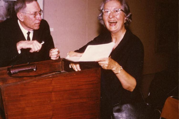 Lucile Morris Upton with Allen Humphries at a Greene County Historical Society meeting in 1966.