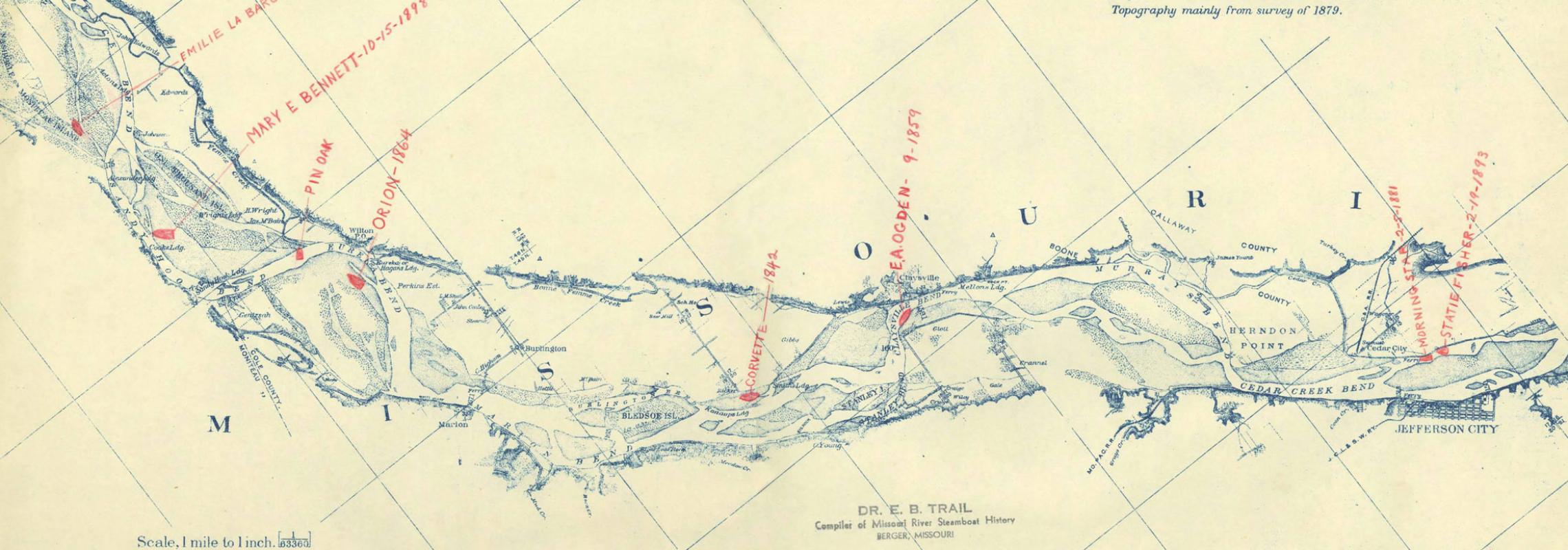 Map depicting Missouri River immediately west of Jefferson City Missouri with notations of riverboat wreck locations.