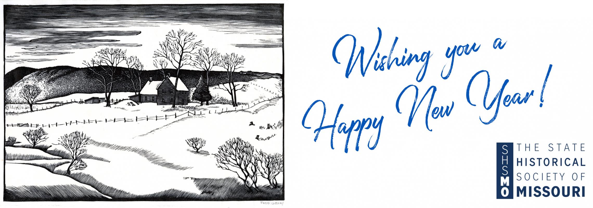 Winter woodcut with message Wishing you a Happy New Year