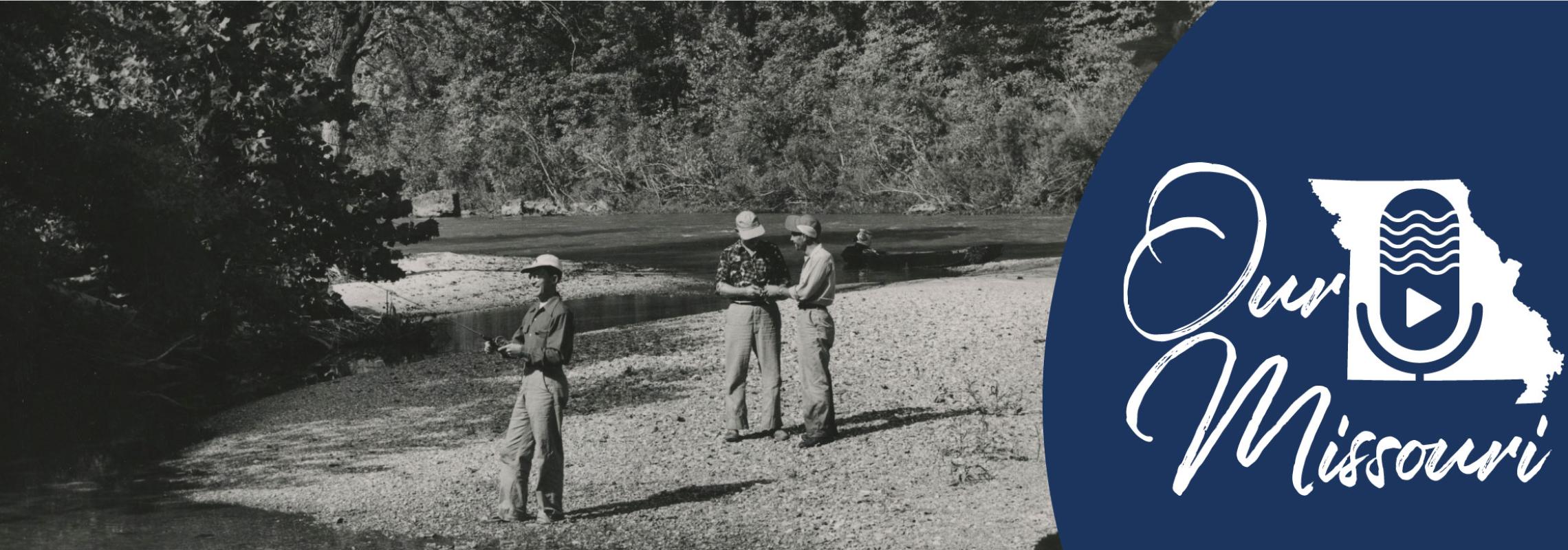 Three men on bank of Big Piney River, n.d. [Missouri Ruralist Photographs (P0030)]