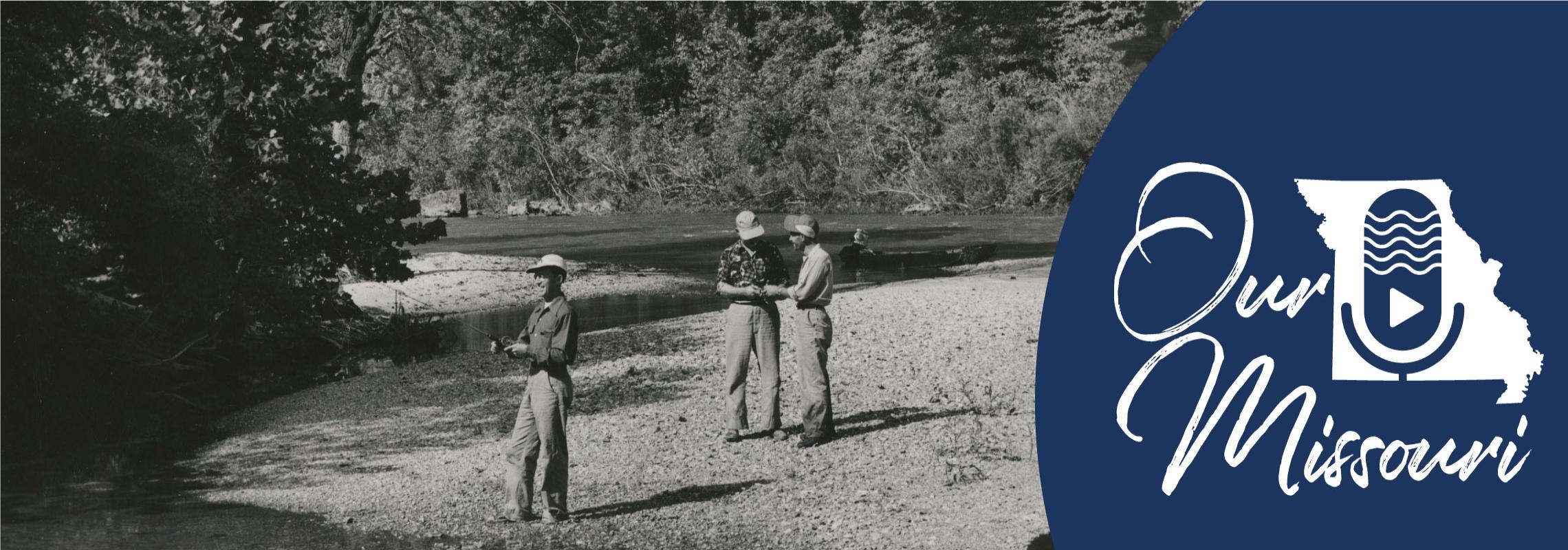 Three men on bank of Big Piney River, n.d. [Missouri Ruralist Photographs (P0030)]