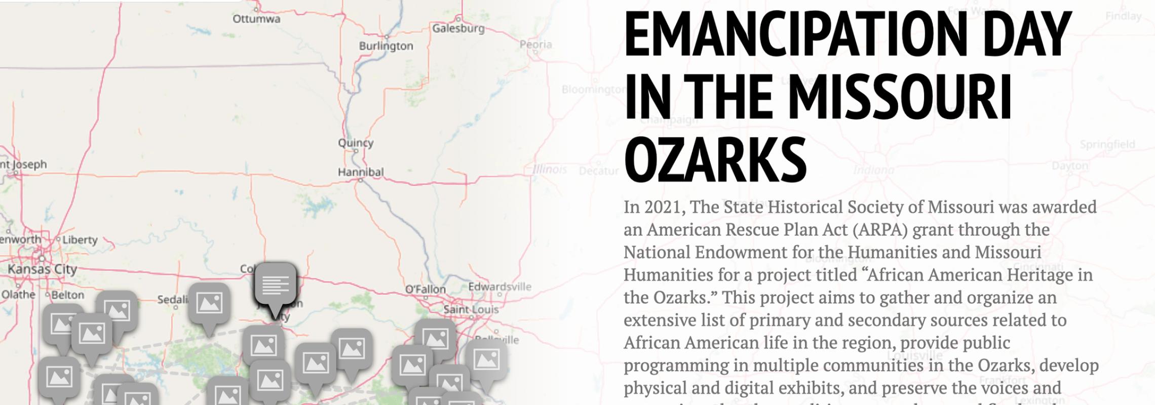 First slide of the Emancipation Day in Missouri Ozarks digital interactive map
