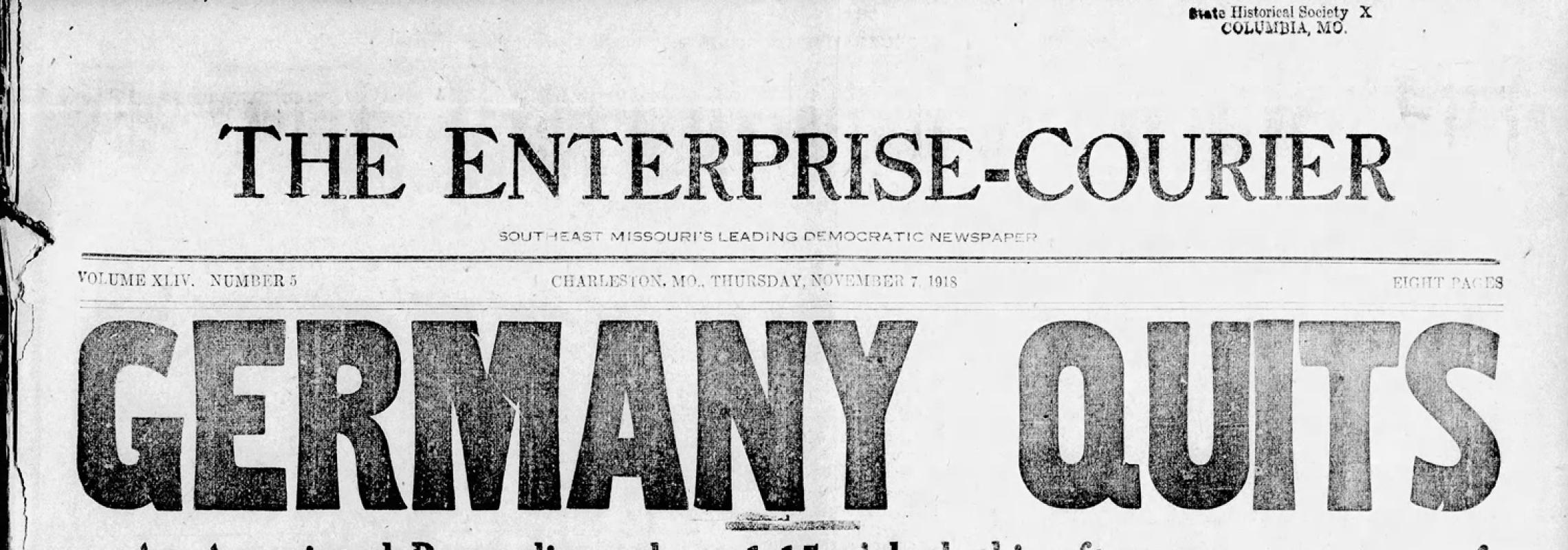 Enterprise-Courier front page from Nov. 7, 1918 with headline "Germany Quits"