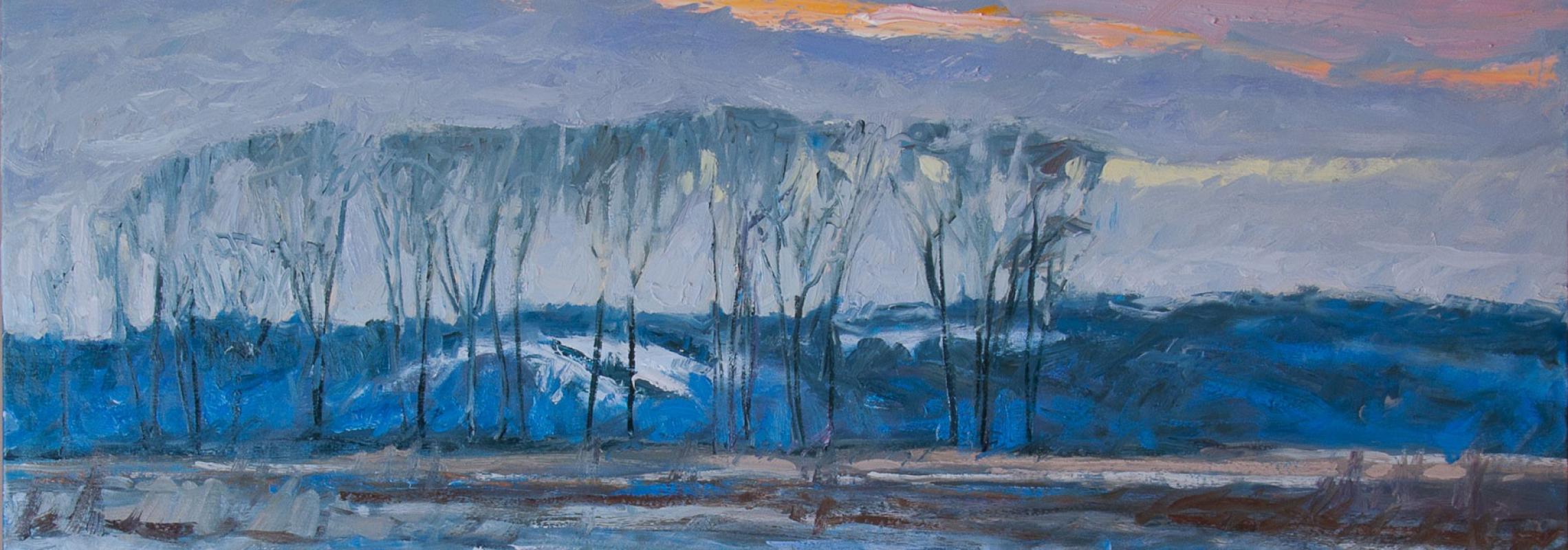 Painting with snowy field in foreground, bare trees in middleground, and cloudy sunset in background.