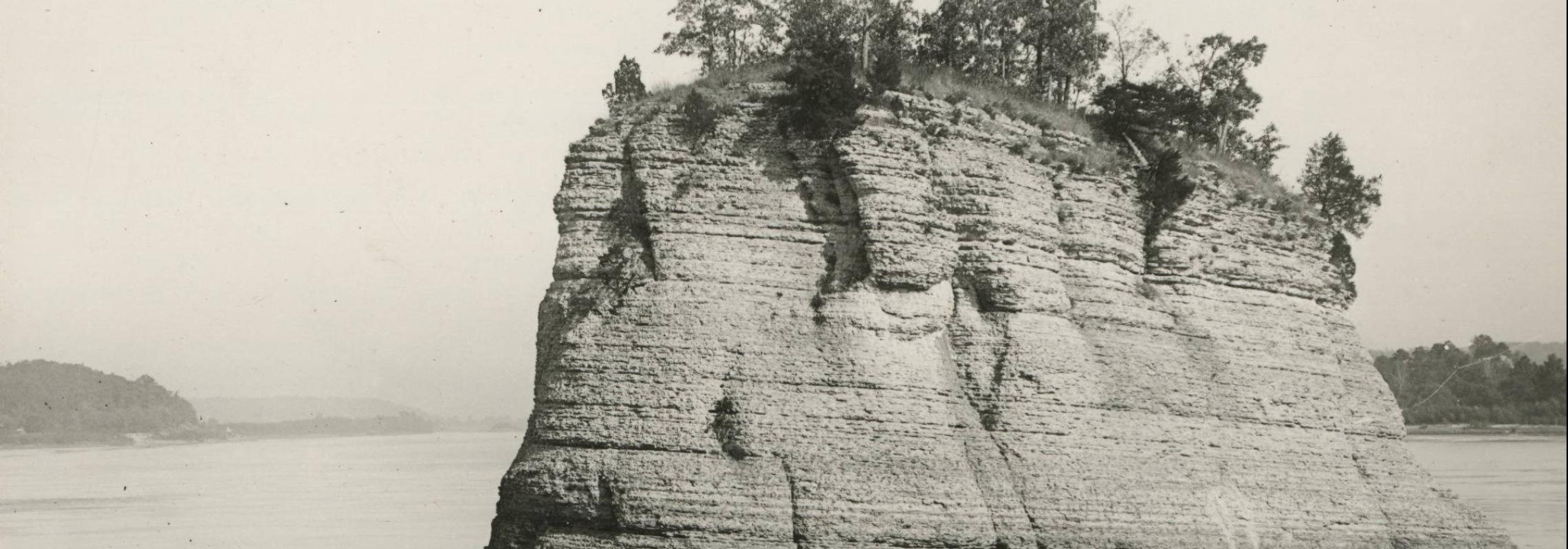 historic postcard of Tower Rock in Mississippi River, Perry County