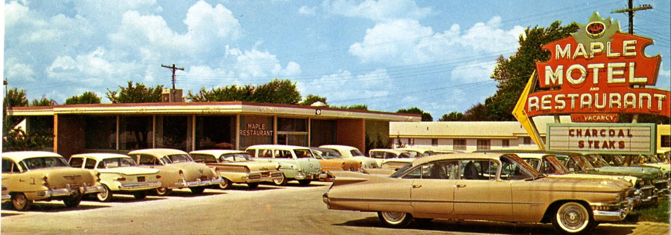 1950s-era motel and cars with large motel sign reading "Maple Motel and Restaurant"