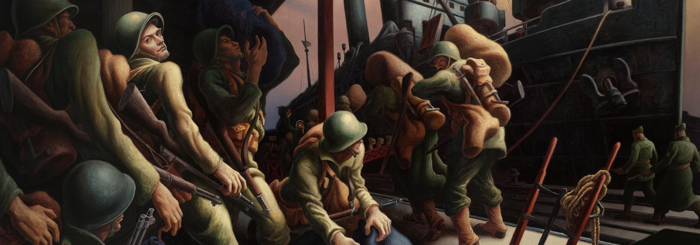 Painting of soldiers preparing to board a ship to go to war. One soldier looks over his shoulder back at the viewer
