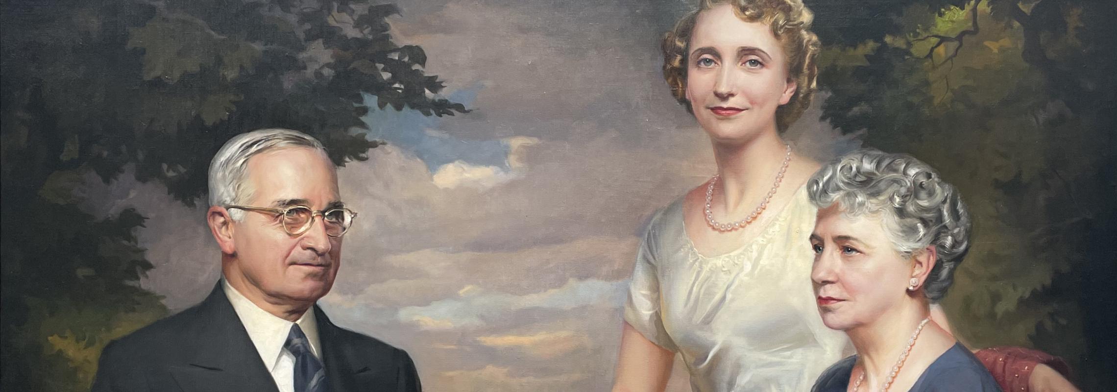 Formal portrait painting of Harry Truman, his wife Bess, and daughter Mary Margaret