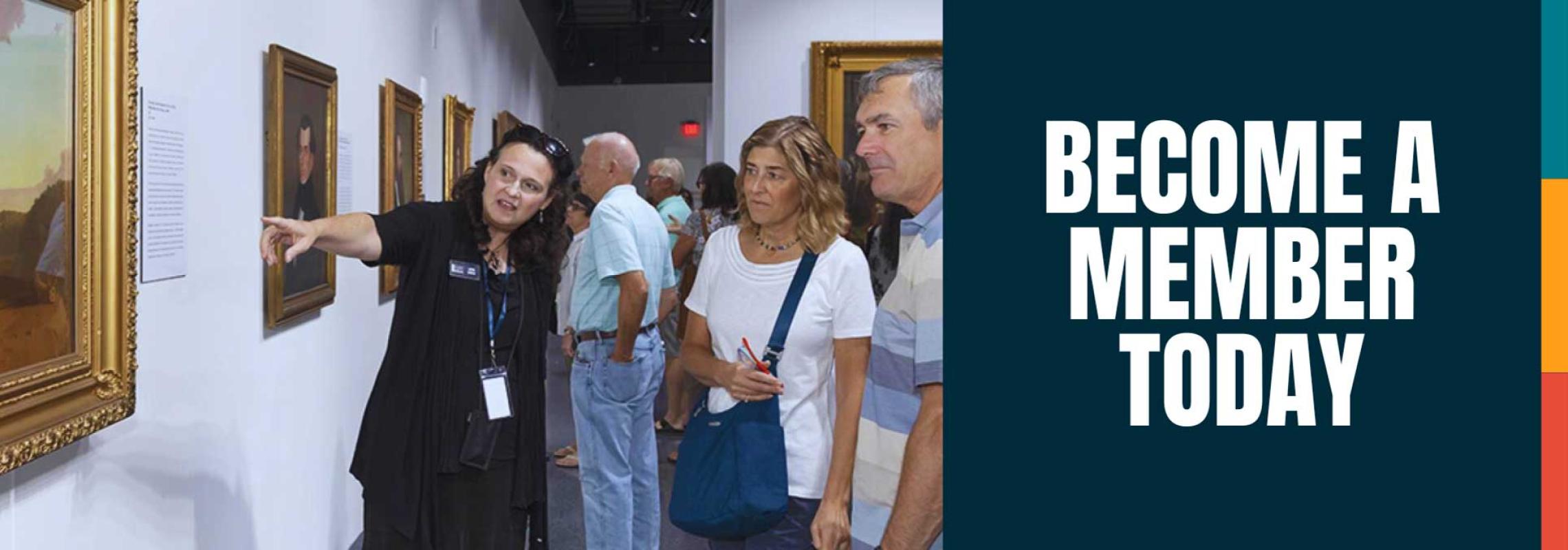 3 people watch a curator explain a painting