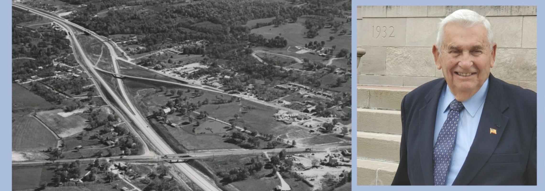 Ray Beck, (right) and aerial view of Columbia I-70 looking West, 1960