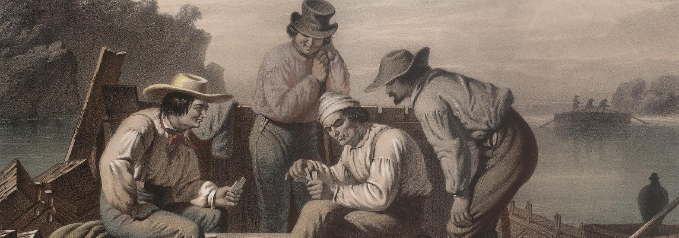 "In a Quandry" 1852 After G.C. Bingham, hand-colored lithograph by Claude Regnier