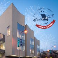 Center for Missouri Studies with fireworks and Missouri 2021 Bicentennial logo