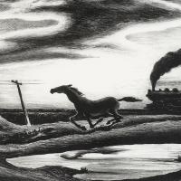 Artwork depicting a horse running with a train in background