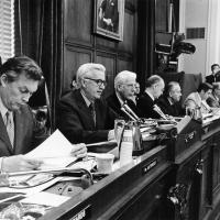 Sen. Hungate asks questions during a committee hearing on the Watergate break-in